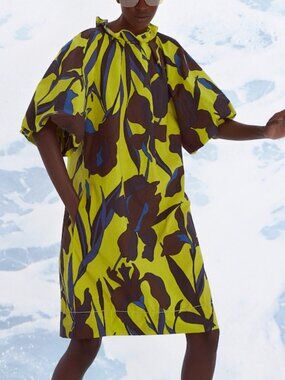 Odeeh Art Deco Puff Sleeve Ruffle Neck Floral Cotton Dress With Pockets